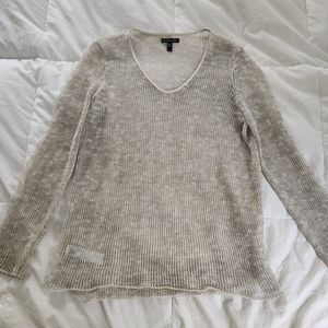 Eileen Fisher Pullover Sweater Open Knit Leather Trim Petite Small Beige